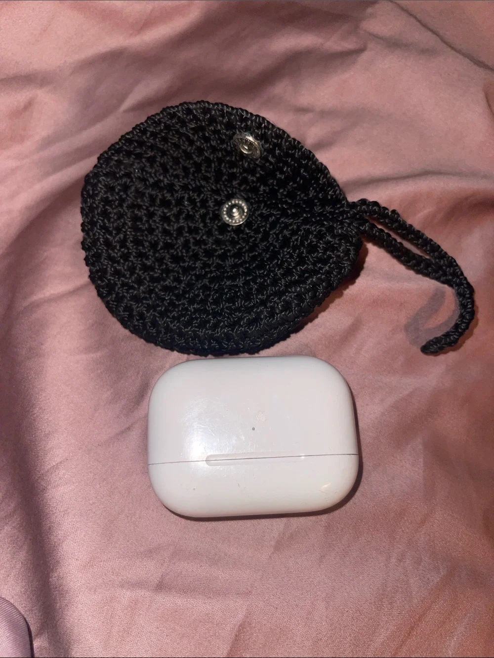 Versatile Black Crochet Wristlet Pouch for coins, folded currency AND AirPod.